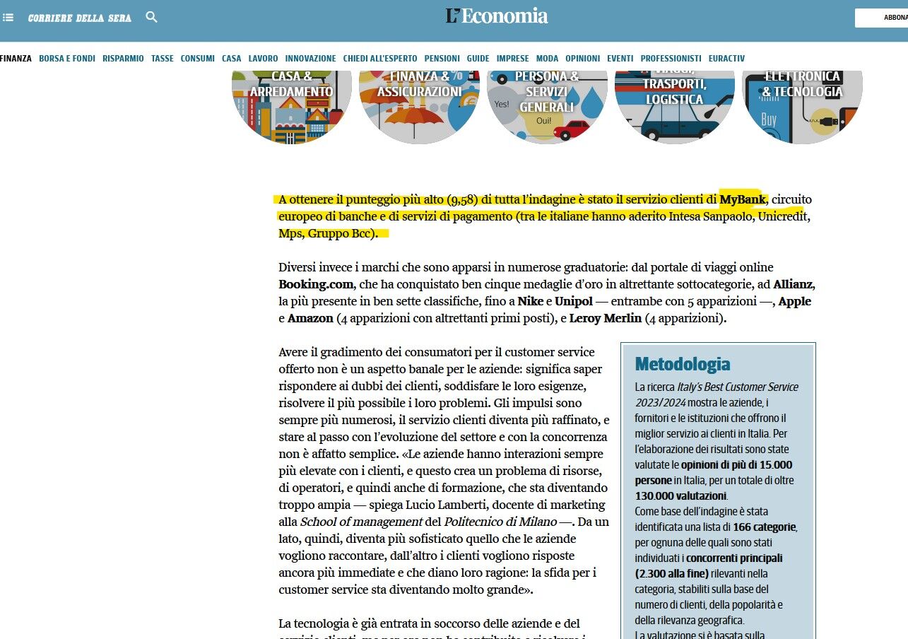 MYBANK: IL MIGLIOR CUSTOMER SERVICE ITALIANO 2023